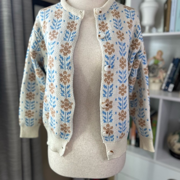 Floral Patterned Cream and Blue Women's Sweater - Picture 1 of 6